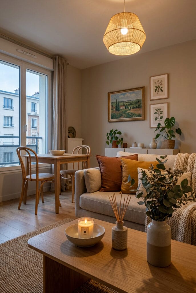 Intérieur chaleureux parfumé avec bougie et diffuseur