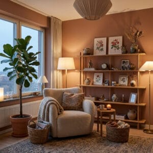 Intérieur chaleureux avec lumière douce, matières naturelles et déco cosy