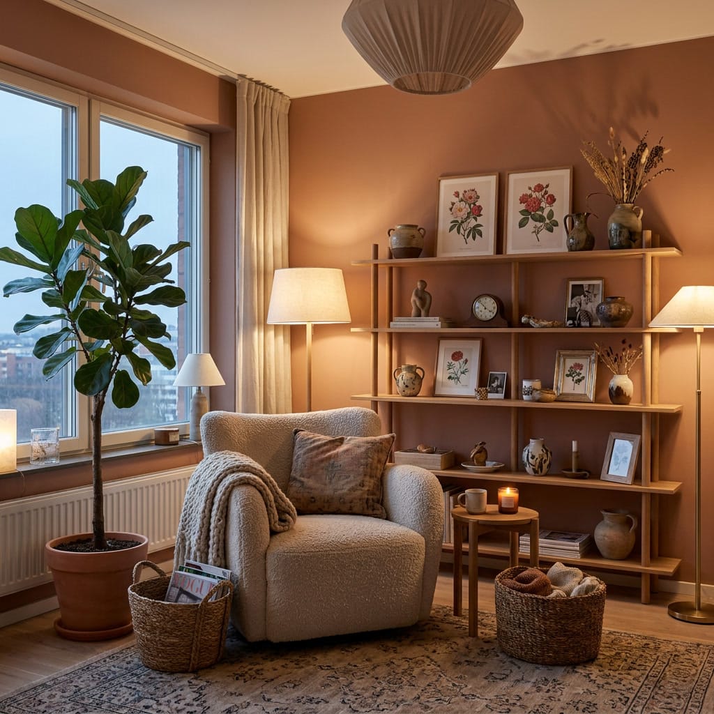 Intérieur chaleureux avec lumière douce, matières naturelles et déco cosy