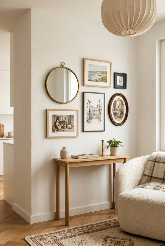 Un mur de cadres et de miroir, esprit cosy