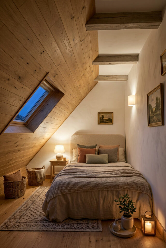 Chambre mansardée avec lambris en bois naturel sur un seul rampant, pour un accent chaleureux et équilibré