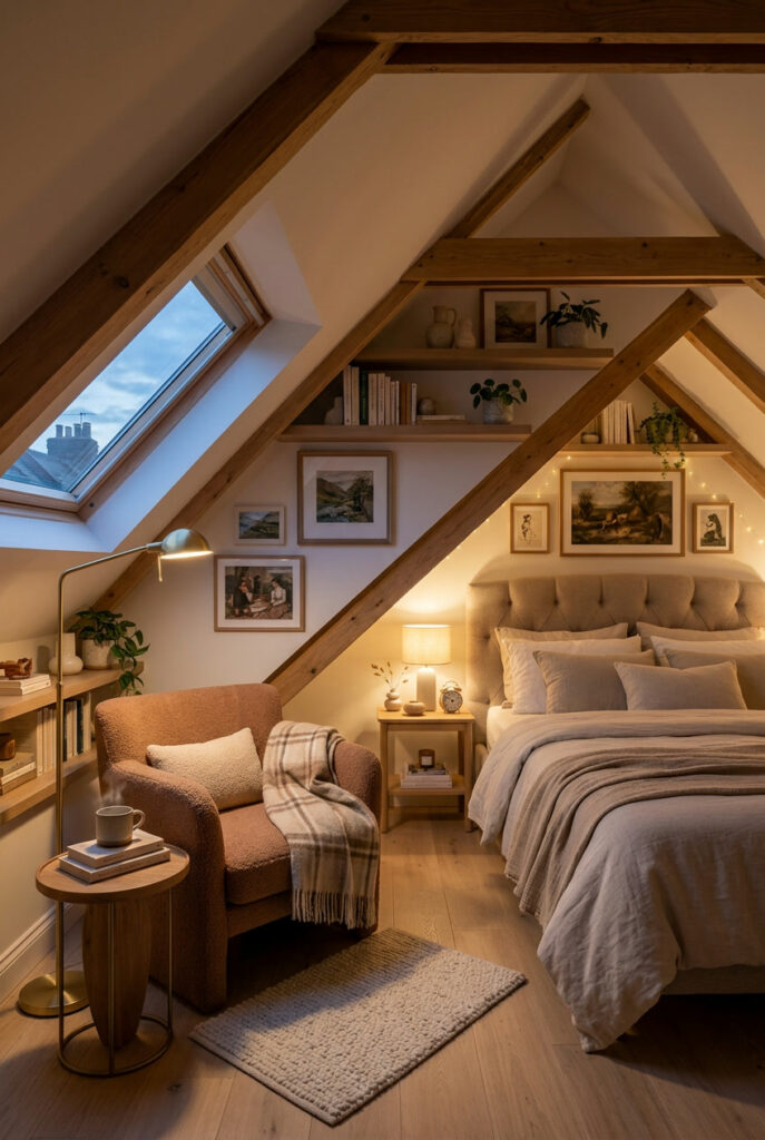 Chambre mansardée avec fauteuil compact près de la fenêtre, petit guéridon et plaid pour un coin lecture douillet