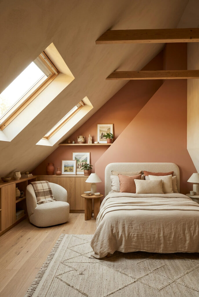 Chambre mansardée aux couleurs naturelles, beige sable et terracotta poudré, pour adoucir les volumes sous les toits