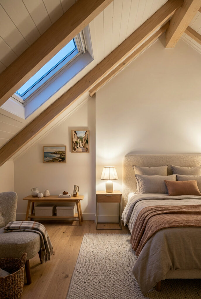 Chambre mansardée avec lampe à poser et applique murale diffusant une lumière chaleureuse près du lit sous la pente du plafond