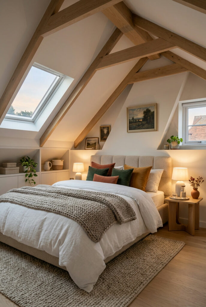 Chambre mansardée avec un lit généreusement habillé de couette gonflante, plaid en grosse maille et coussins en velours