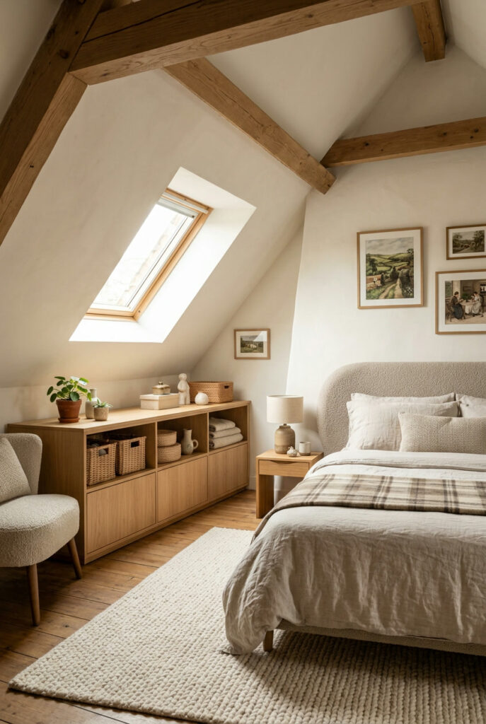 Chambre mansardée avec bibliothèque basse et rangements sur mesure installés sous la pente du toit