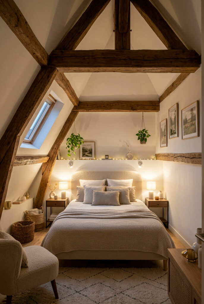 Chambre mansardée avec poutres apparentes qui structurent les volumes sous les toits et apportent une touche authentique