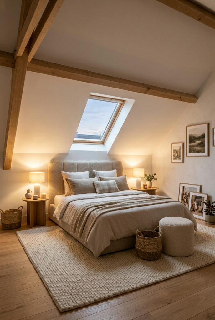Chambre mansardée avec grand tapis glissé sous le lit et débordant de chaque côté pour délimiter le coin nuit