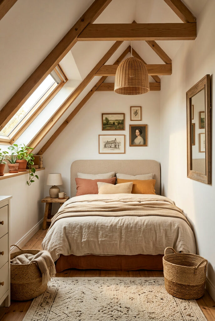 Chambre mansardée avec miroir encadré de bois, suspension en fibres tressées et panier naturel pour une ambiance chaleureuse