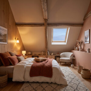 Chambre mansardée cosy aux matières naturelles, bois, tons chauds et lit douillet sous les combles
