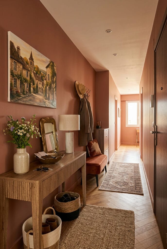 Déco entrée cosy et chaleureuse avec des couleurs enveloppantes et une décoration soignée pour un accueil plein de charme.