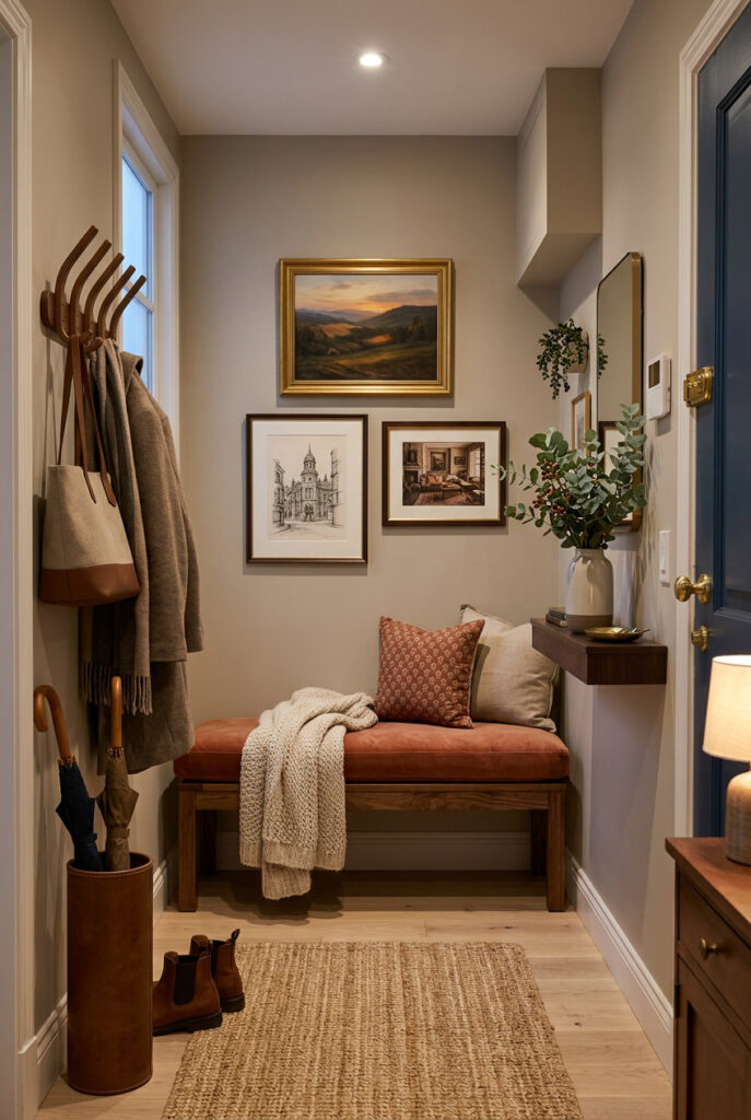 Déco entrée cosy avec une assise confortable et des accessoires aux teintes chaleureuses pour créer un accueil doux, élégant et accueillant.