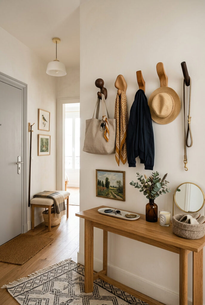 Déco entrée cosy et fonctionnelle avec un aménagement mural élégant pour organiser l’espace et créer une atmosphère chaleureuse dès l’arrivée.