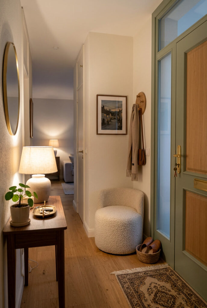 Déco entrée cosy avec un aménagement élégant, des assises confortables et des teintes douces pour créer un accueil chaleureux et raffiné.