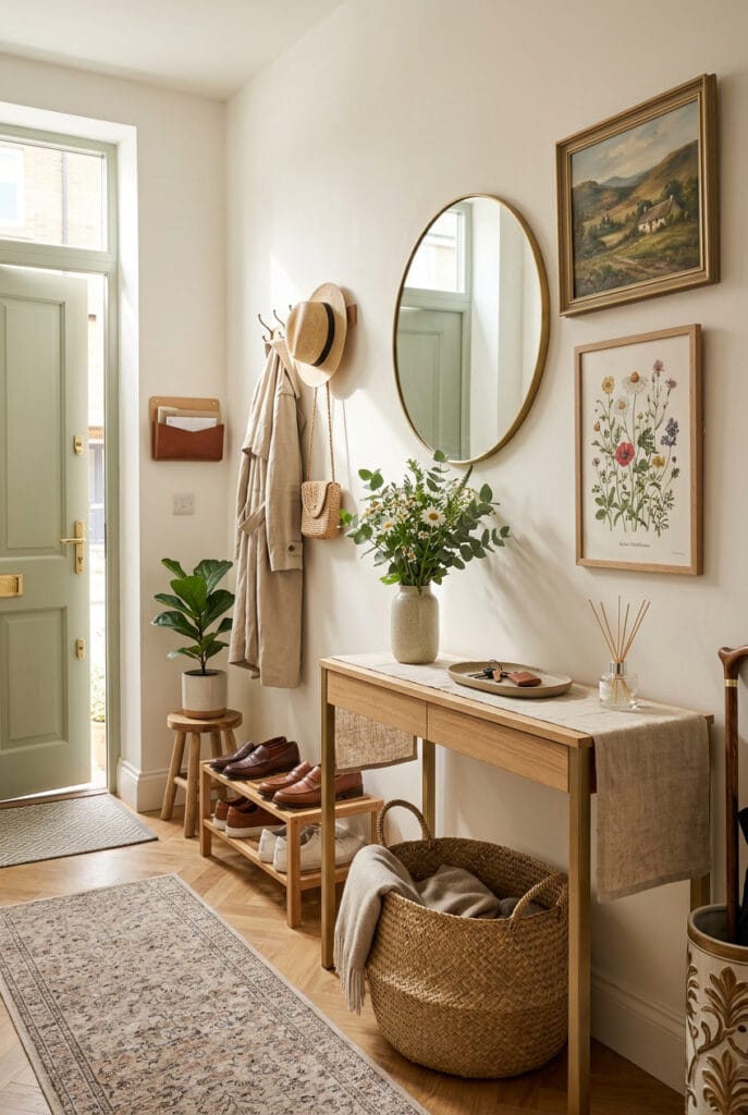 Déco entrée cosy avec une console élégante, des matières naturelles et des accessoires décoratifs pour créer un accueil chaleureux et harmonieux.