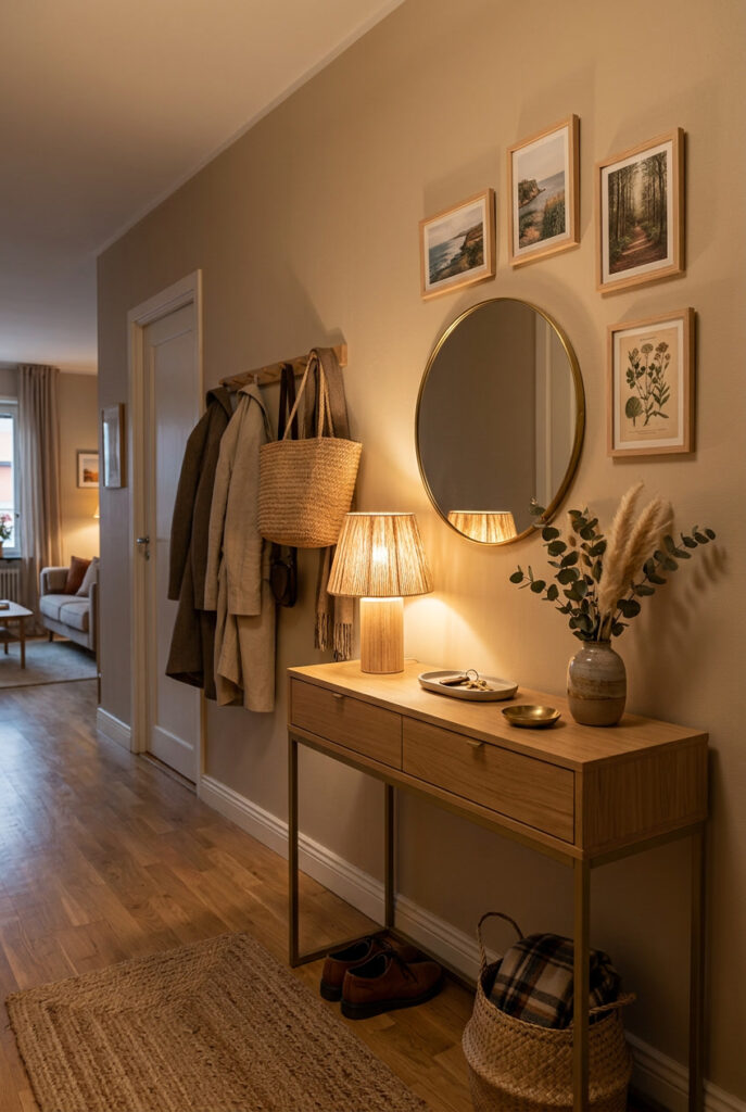 Déco entrée cosy avec un éclairage tamisé et une décoration chaleureuse pour créer une atmosphère douce et accueillante dès le seuil.