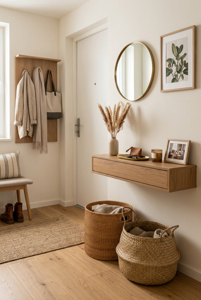 Déco entrée cosy aux matières naturelles et aux accessoires chaleureux pour aménager un espace accueillant, authentique et plein de charme.