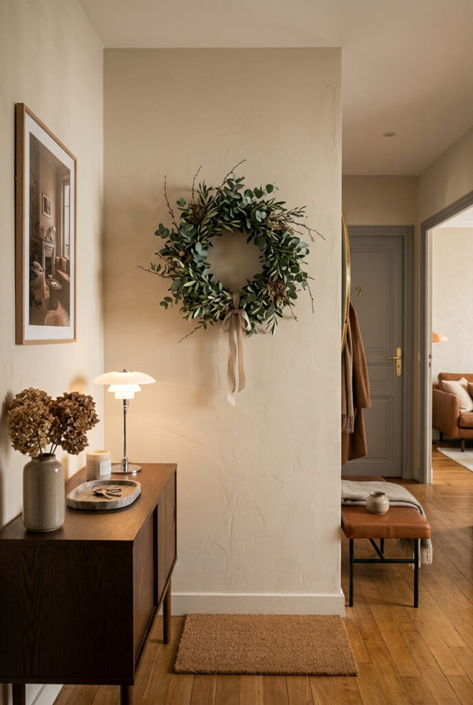 Déco entrée cosy et naturelle avec une décoration murale végétale pour créer un accueil chaleureux, élégant et apaisant.