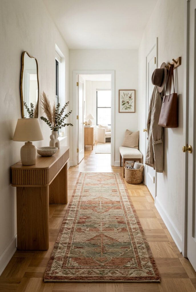 Déco entrée cosy avec un tapis aux tons chaleureux et une décoration soignée pour créer un accueil confortable et plein de charme.