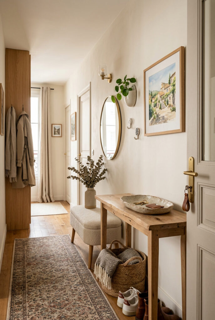 Déco entrée cosy et fonctionnelle avec des accessoires décoratifs élégants pour créer un accueil chaleureux et bien organisé.