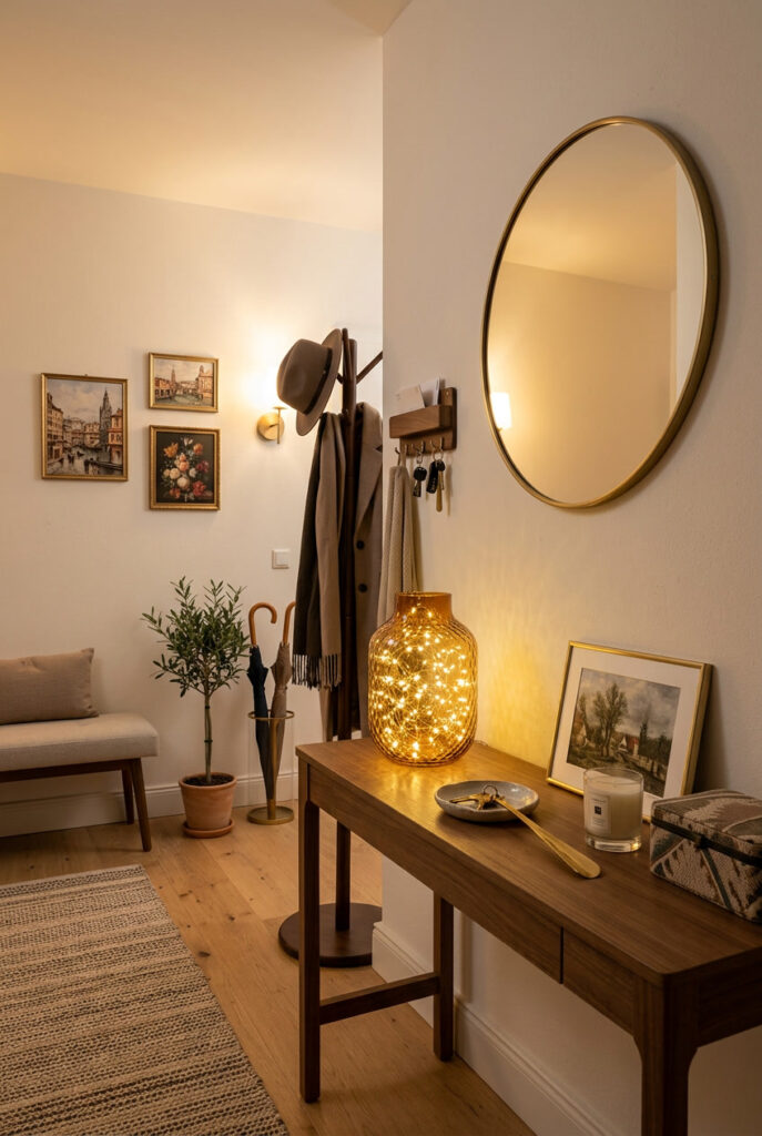 Déco entrée cosy avec une lumière décorative tamisée et des accessoires élégants pour créer une ambiance chaleureuse et intimiste.