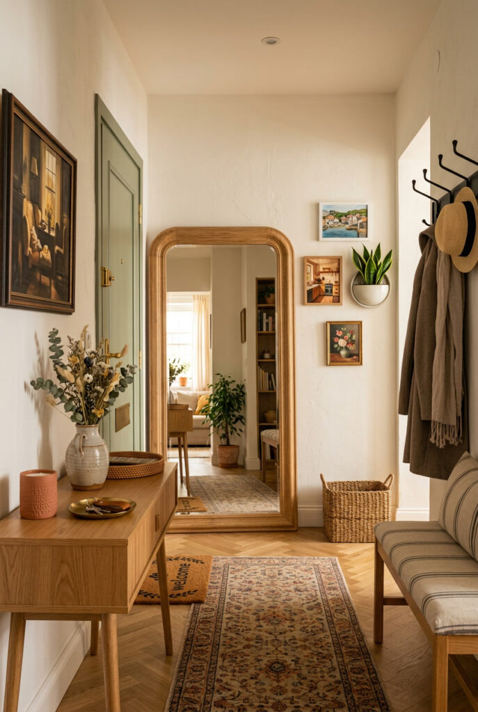 Déco entrée cosy et élégante avec un grand miroir et des éléments décoratifs chaleureux pour agrandir visuellement l’espace et soigner l’accueil.